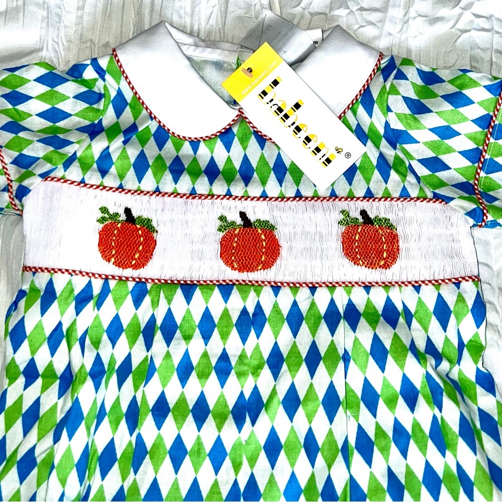 Boys 6month pumpkin Babeeni Smocked Romper Fall Thanksgiving NWT